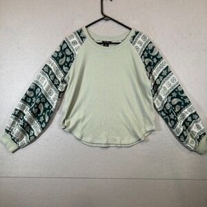 Wrangler Retro Shirt Womens Medium Green Waffle Knit Paisley Raglan Sleeve Top